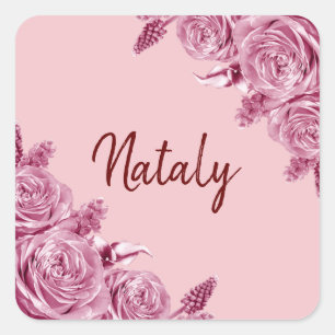 Pegatina Cuadrada Composición de flor rosa con nombre