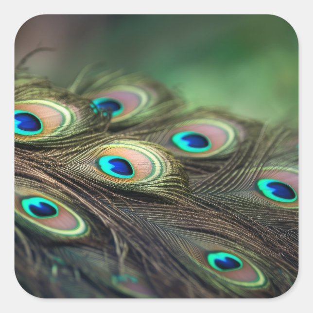 Pegatina Cuadrada Composición de plumas de pavo real brillantes (Anverso)
