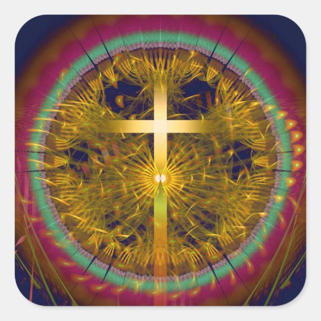 Pegatina Cuadrada Composición redonda de arte fractal cruzado (Anverso)