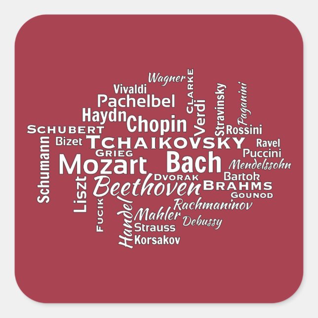 Pegatina Cuadrada Compositores clásicos Word Cloud (Anverso)