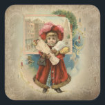 Pegatina Cuadrada Comprador de Navidad de época corta<br><div class="desc">Adorable niño victoriano después de un viaje de compras con abrigo rojo de piel y capilla con los brazos llenos de regalos con viñeta de la ciudad,  cielo azul de invierno y velas en un decorado rústico de fondo sepia.</div>