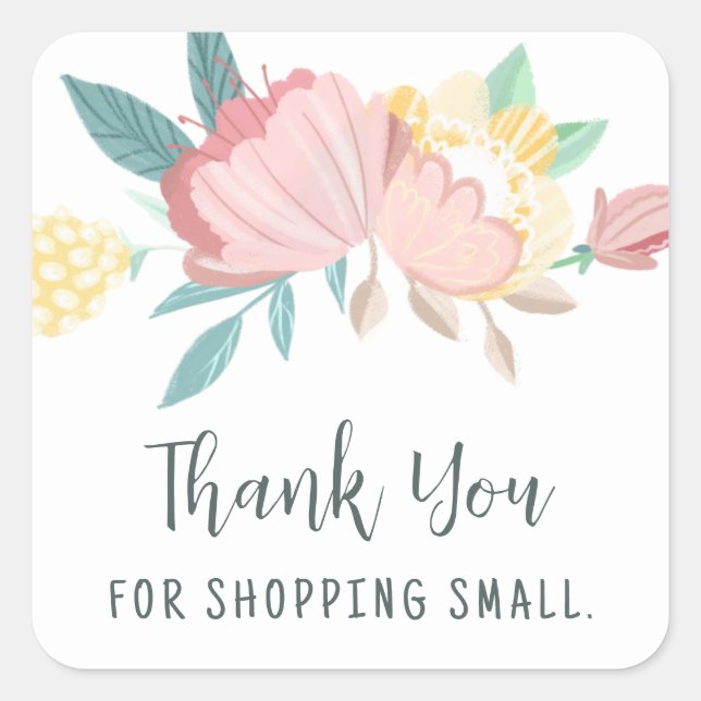 Pegatina Cuadrada Compras florales Pequeñas Gracias (Anverso)