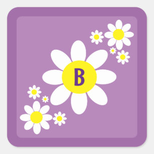 Pegatina Cuadrada Comprimido Morado y Blanco Daisies Floral Inicial