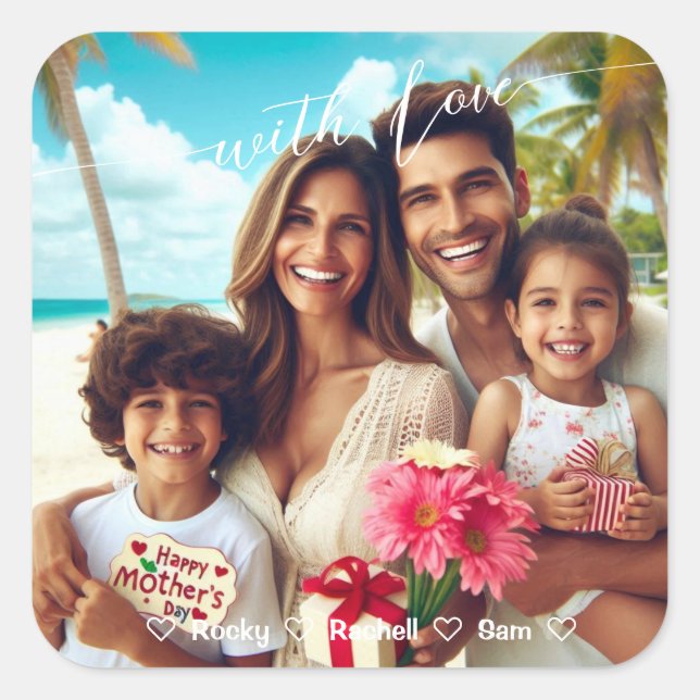 Pegatina Cuadrada Con amor Feliz Día de la Madre Personalizado de ca (Anverso)