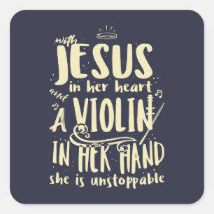 Pegatina Cuadrada Con Jesús en su corazón un violín en su mano