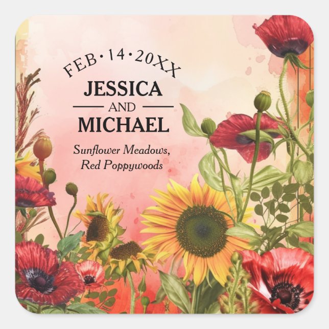 Pegatina Cuadrada 🌻 con nombres Sunny Petals y Scarlet Blooms