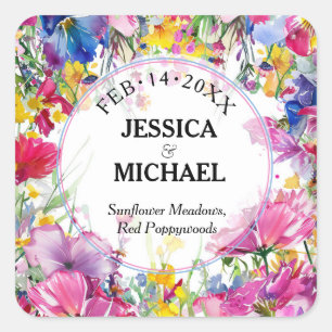 Pegatina Cuadrada Con nombres y fecha Meadow Blooms Bliss