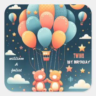 Pegatina Cuadrada Con oso conjunto Hot Air Balloon Twins 1er cumplea