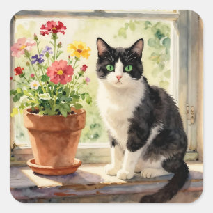 Pegatina Cuadrada Con tema de gato y flor