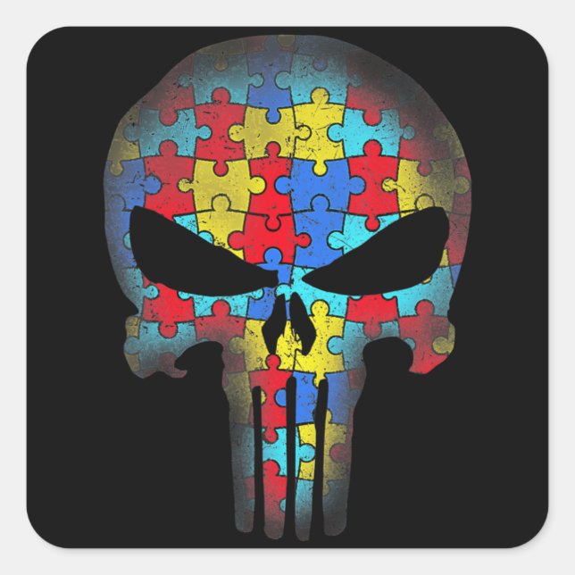 Pegatina Cuadrada Conciencia sobre autismo cráneo Tee Mom Dad Niños  (Anverso)