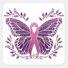 Pegatina Cuadrada Conciencia sobre el cáncer de mama Butterfly Flora