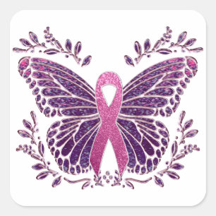 Pegatina Cuadrada Conciencia sobre el cáncer de mama Butterfly Flora