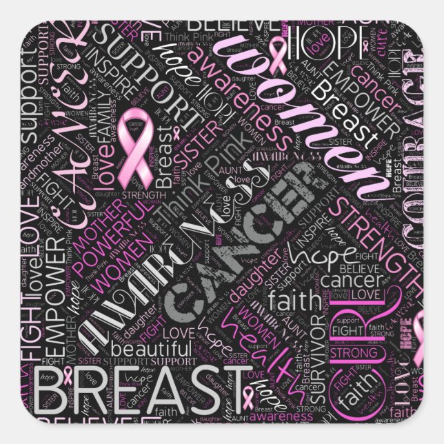 Pegatina Cuadrada Conciencia sobre el cáncer de mama Word Cloud ID26 (Anverso)