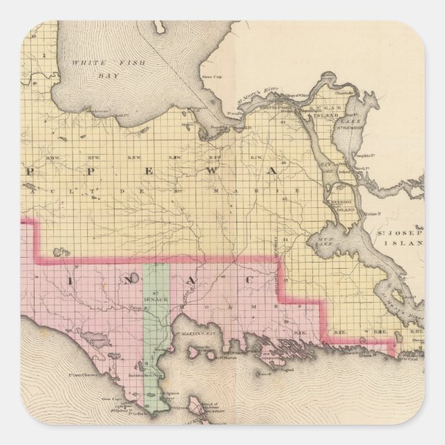Pegatina Cuadrada Condado de Chippewa Condado de Mackinac Michigan (Anverso)