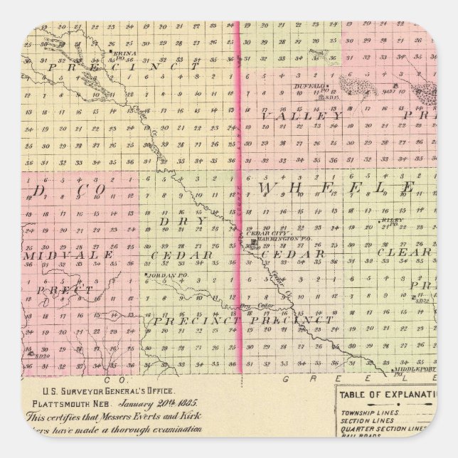 Pegatina Cuadrada Condado de Garfield y Wheeler, Nebraska (Anverso)