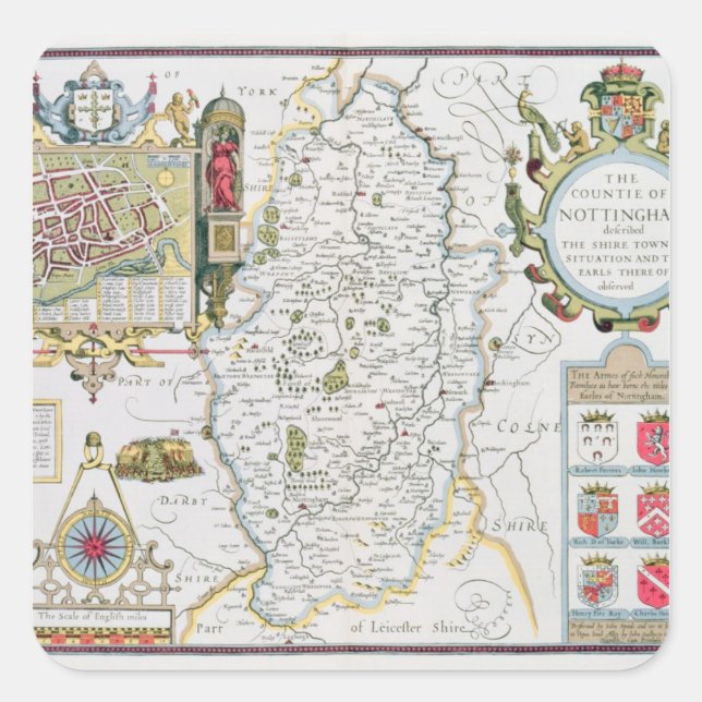 Pegatina Cuadrada Condado de Nottingham, grabado por Jodocuments (Anverso)