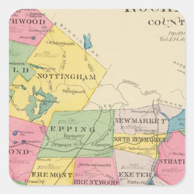 Pegatina Cuadrada Condado de Rockingham, NH (Anverso)