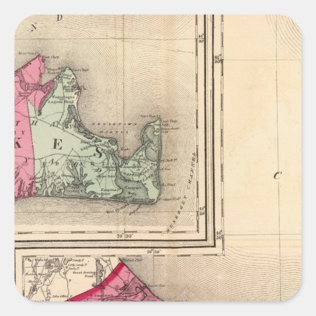 Pegatina Cuadrada Condados de Barnstable, Dukes y Nantucket (Anverso)