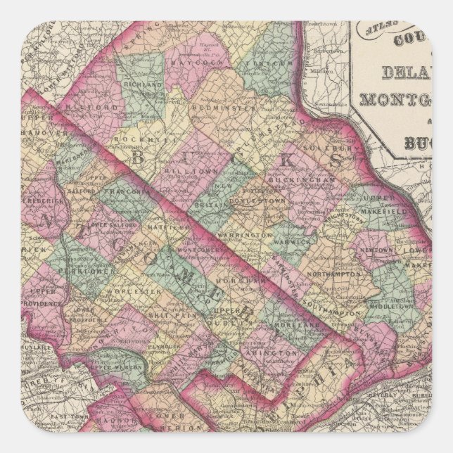 Pegatina Cuadrada Condados de Delaware, Montgomery y Bucks (Anverso)