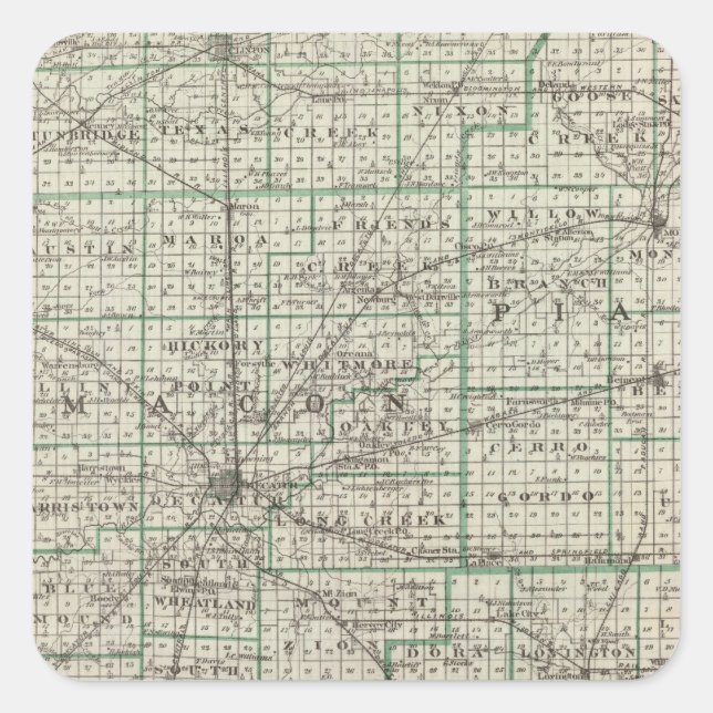 Pegatina Cuadrada Condados de Platt, De Witt, Macon, Shelby (Anverso)