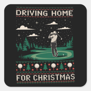 Pegatina Cuadrada Conduciendo a Casa Para Navidad Golf Divertido Feo