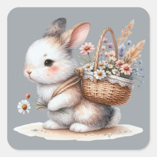 Pegatina Cuadrada Conejito Adorable con Flores Arte Acuarela