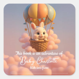 Pegatina Cuadrada Conejito caprichoso en Baby Shower con globo aeros