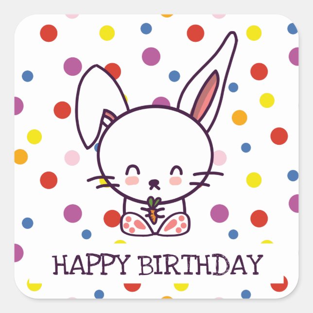 Pegatina Cuadrada Conejito de Cumpleaños y Lunares (Anverso)