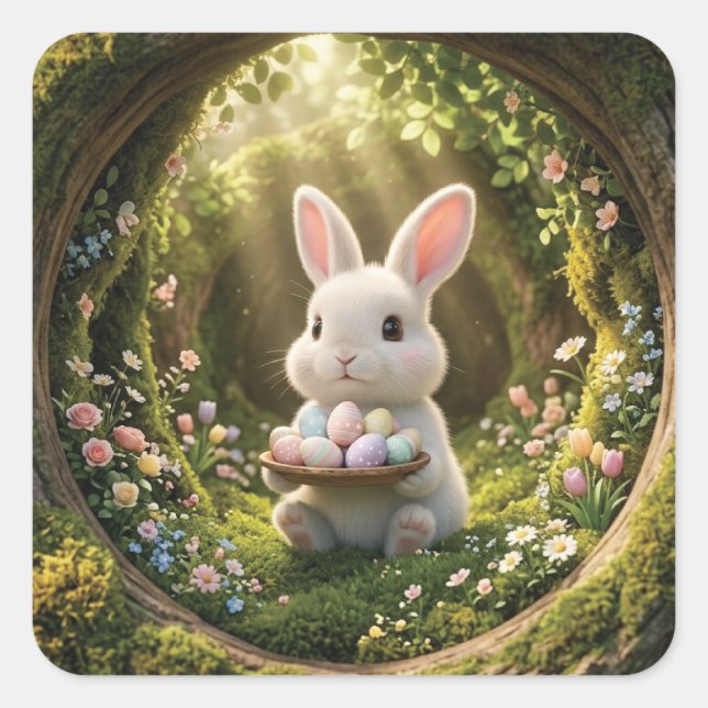 Pegatina Cuadrada Conejito de Pascua adorable (Anverso)