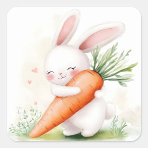 Pegatina Cuadrada Conejito de Pascua de acuarela adorable con zanaho