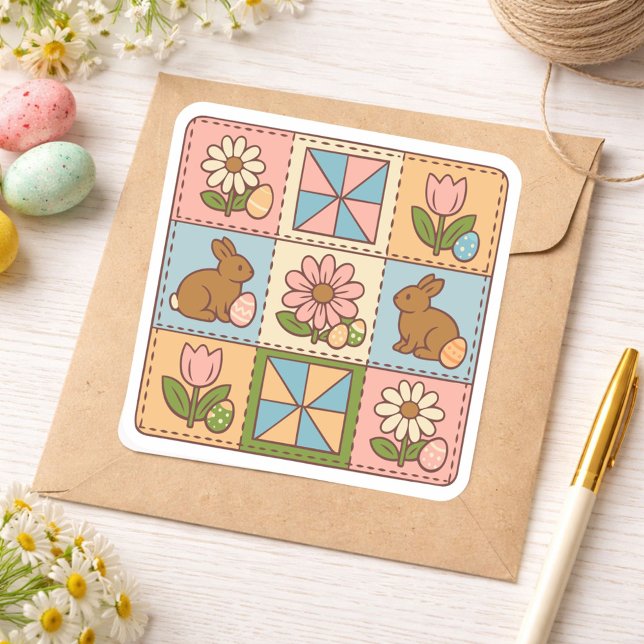Pegatina Cuadrada Conejito de Pascua Flor de Patchwork Pastel  (Subido por el creador)