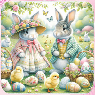 Pegatina Cuadrada Conejito de Pascua Todo Vestido De Colores De Prim