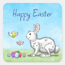 Pegatina Cuadrada Conejito de Pascua y Huevos de Pascua