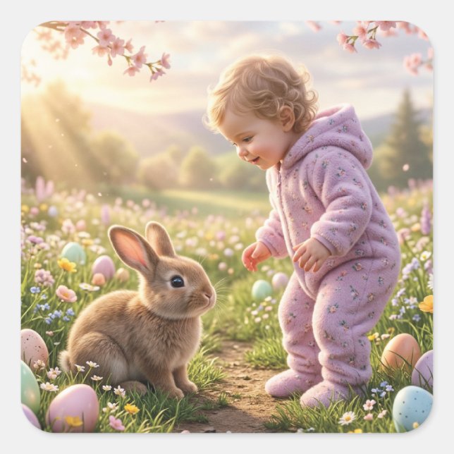 Pegatina Cuadrada Conejito de Pascua y niño (Anverso)