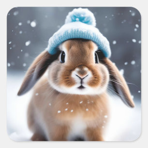 Pegatina Cuadrada Conejito en un Gorra Bobble con Navidades de arte