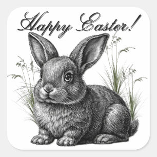 Pegatina Cuadrada Conejito gris lindo entre la hierba Feliz Pascua