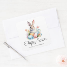 Pegatina Cuadrada Conejito Lindo Colorido Feliz Pascua