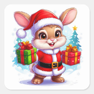 Pegatina Cuadrada Conejito Lindo con Traje de Santa Claus Sosteniend