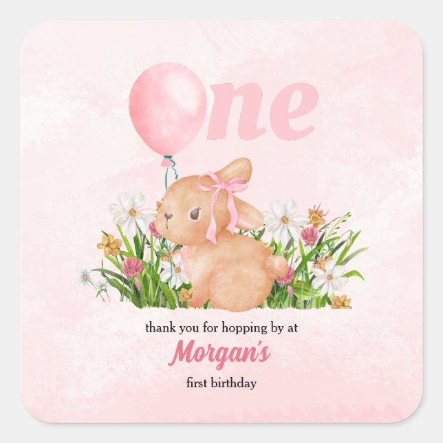 Pegatina Cuadrada Conejito lindo cumple 1 año de Chica rosado (Anverso)
