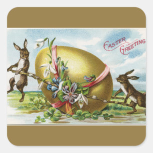 Pegatina Cuadrada Conejitos de época y huevo de Pascua de Oro