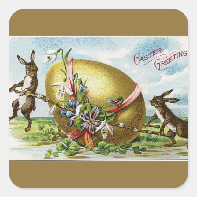 Pegatina Cuadrada Conejitos de época y huevo de Pascua de Oro (Anverso)