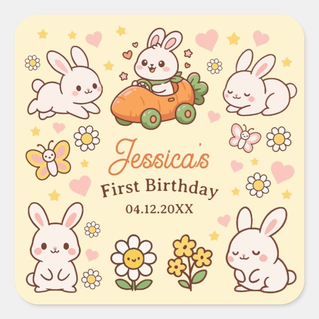 Pegatina Cuadrada Conejitos de Pascua divertidos para Cumpleaños 1º (Anverso)