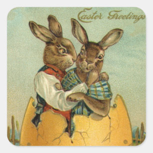 Pegatina Cuadrada Conejitos de Pascua Victorianos Antiguos en un Hue