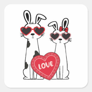Pegatina Cuadrada Conejitos Lindos con Gafas de Corazón