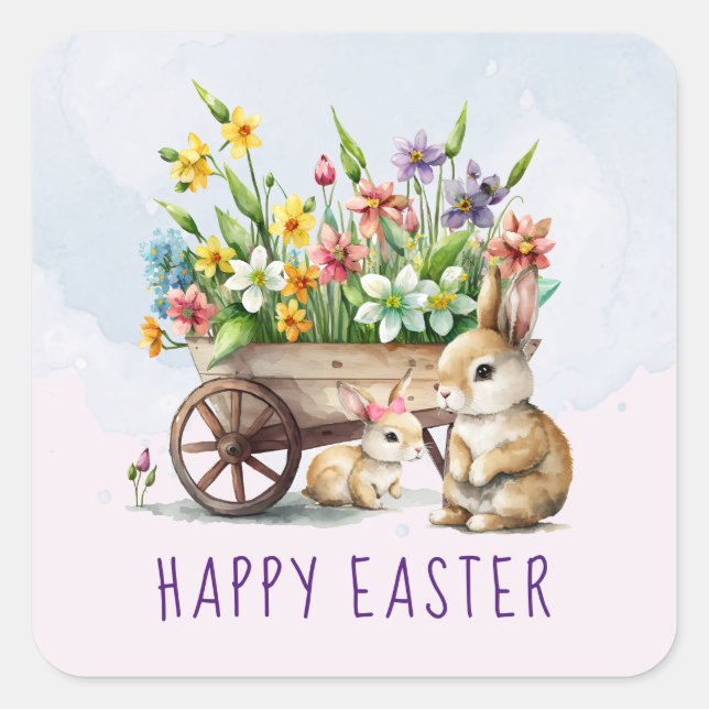 Pegatina Cuadrada Conejitos Personalizados de Pascua (Anverso)