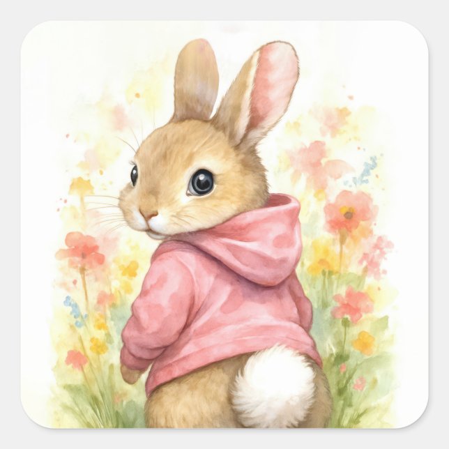 Pegatina Cuadrada Conejo acuarela con sudadera rosa (Anverso)