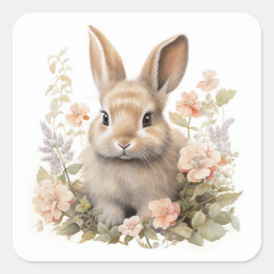 Pegatina Cuadrada Conejo adorable con flores