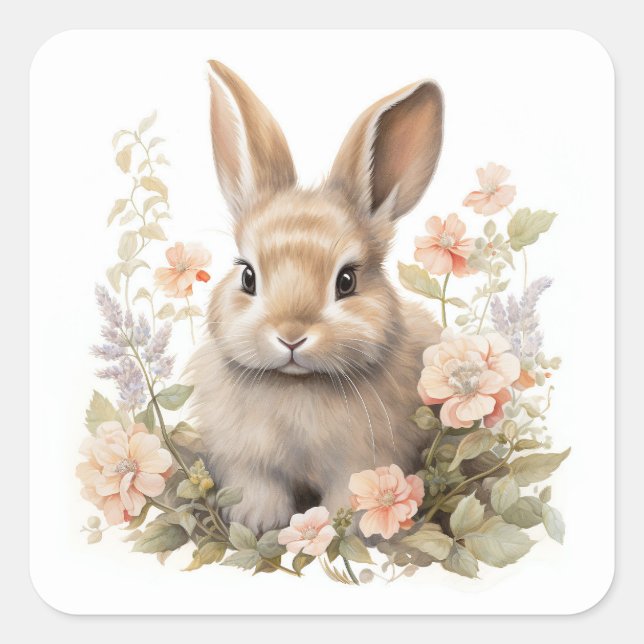Pegatina Cuadrada Conejo adorable con flores (Anverso)