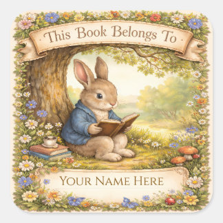 Pegatina Cuadrada Conejo Adorable Leyendo un Libro - Exlibris
