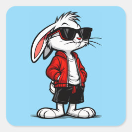 Pegatina Cuadrada Conejo Blanco Genial en Chaqueta Roja